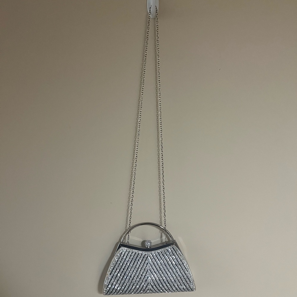 Vintage Silver Rhinestone Evening Clutch with Chain